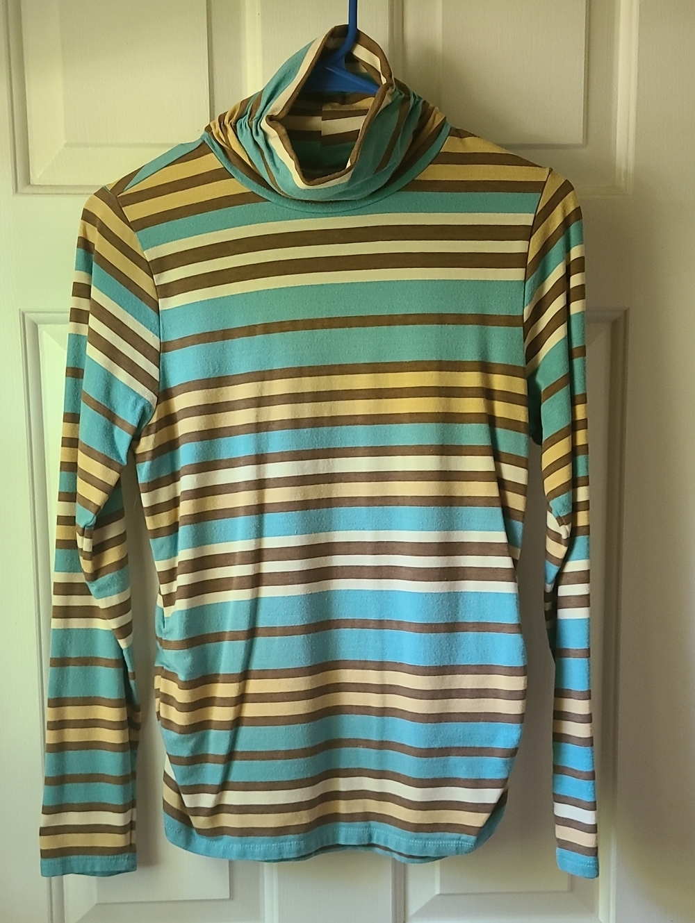 Talbots Striped Turquoise, Brown & Cream Turtleneck Top